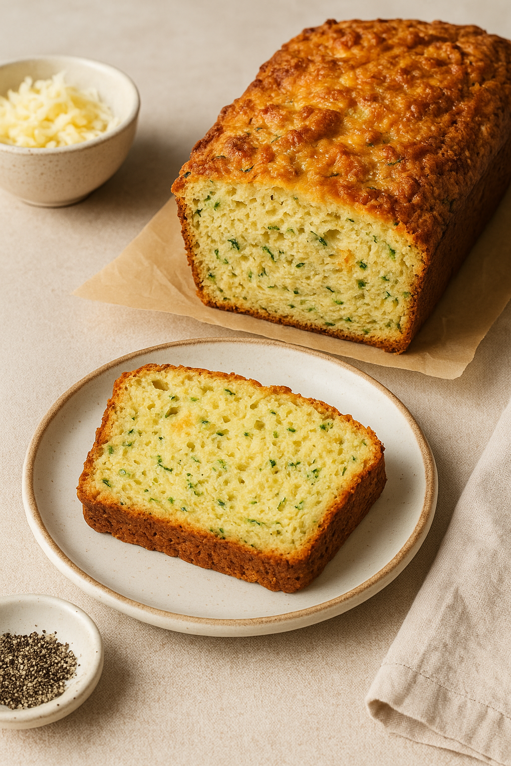 Two golden loaves of savory yellow squash and jalapeño cheese bread, one sliced to show the tender, cheesy crumb.