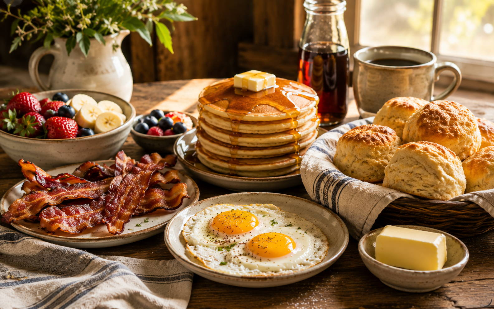 A tray of golden breakfast sliders layered with eggs, ham, bacon, and cheese.