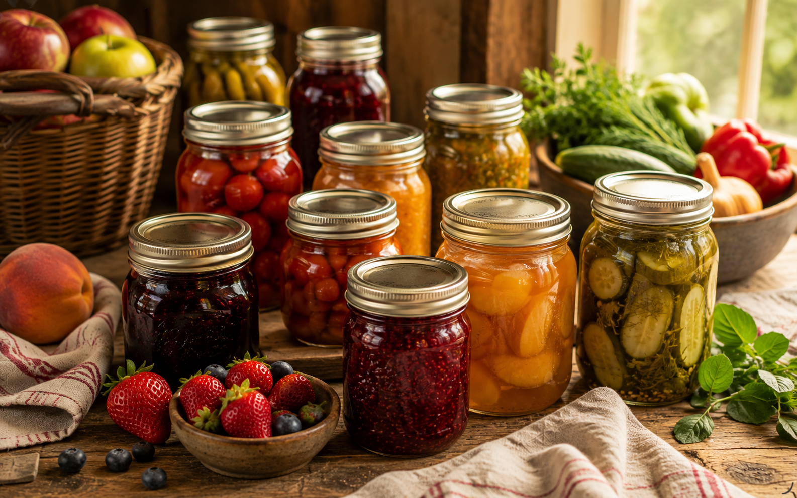 Jars of bright jalapeño pepper jelly with red and green peppers.