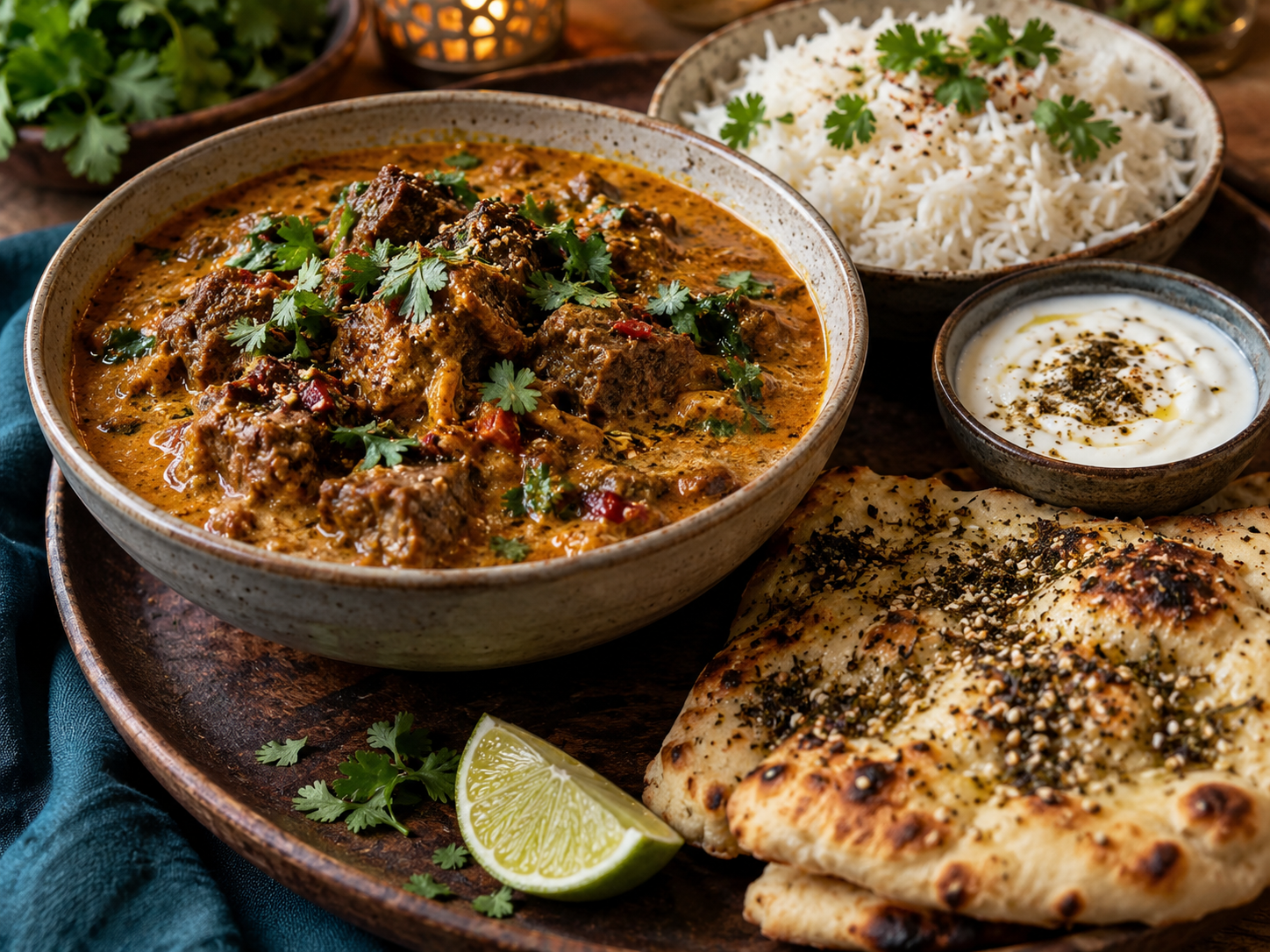 Bowl of coconut beef curry served over rice with lime wedges and naan