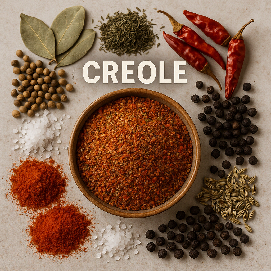 Jar of homemade Creole seasoning blend with vibrant spices.