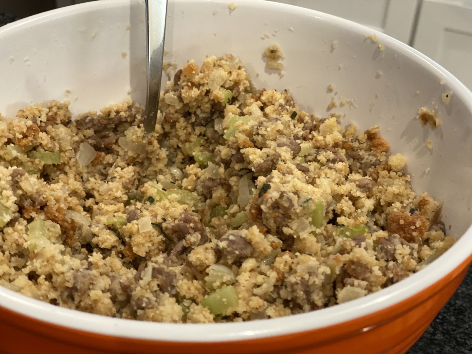 Southern Dressing made with Cornbread and Sausage
