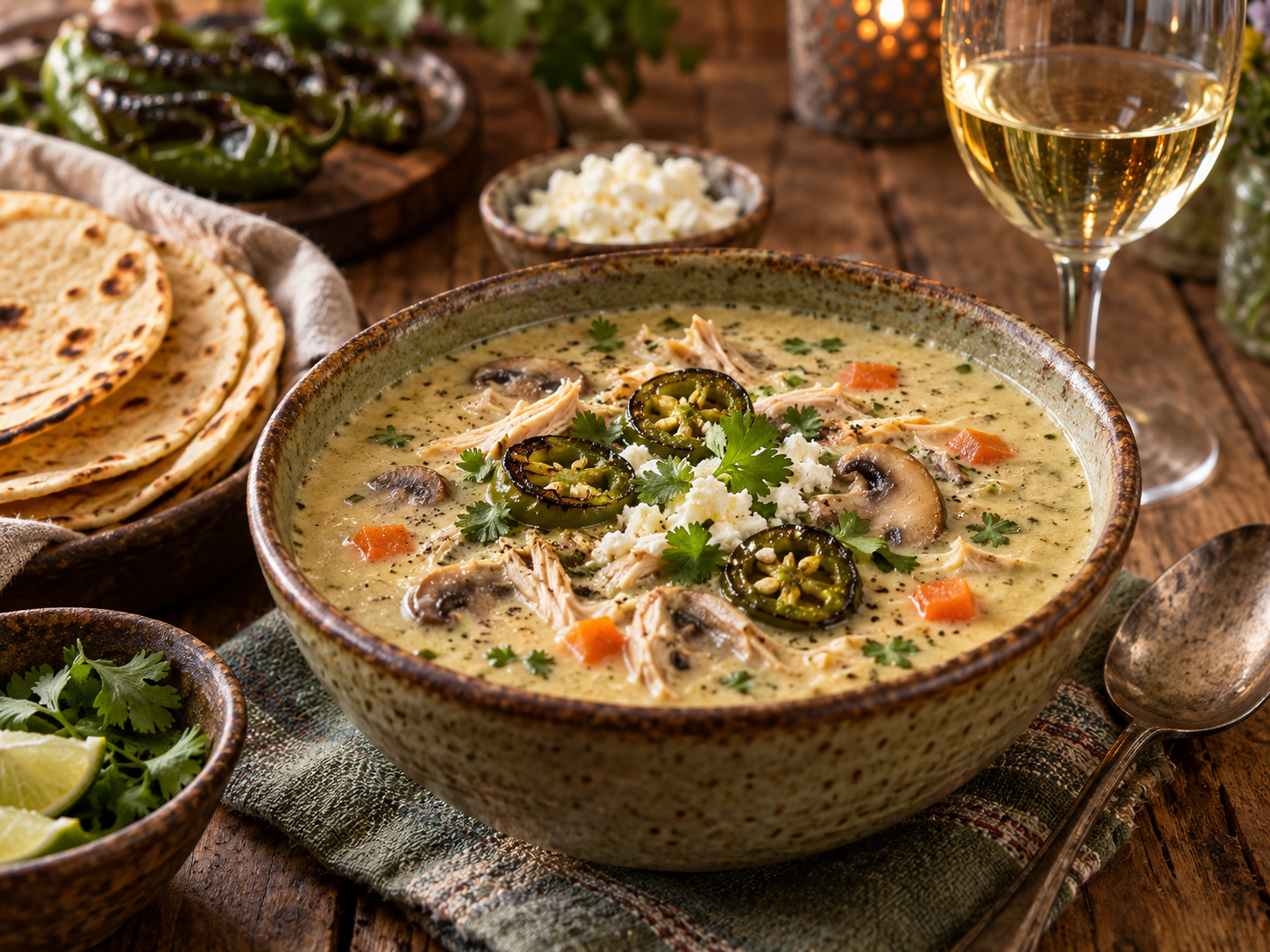 Roasted Jalapeño Soup with Chicken & Mushrooms