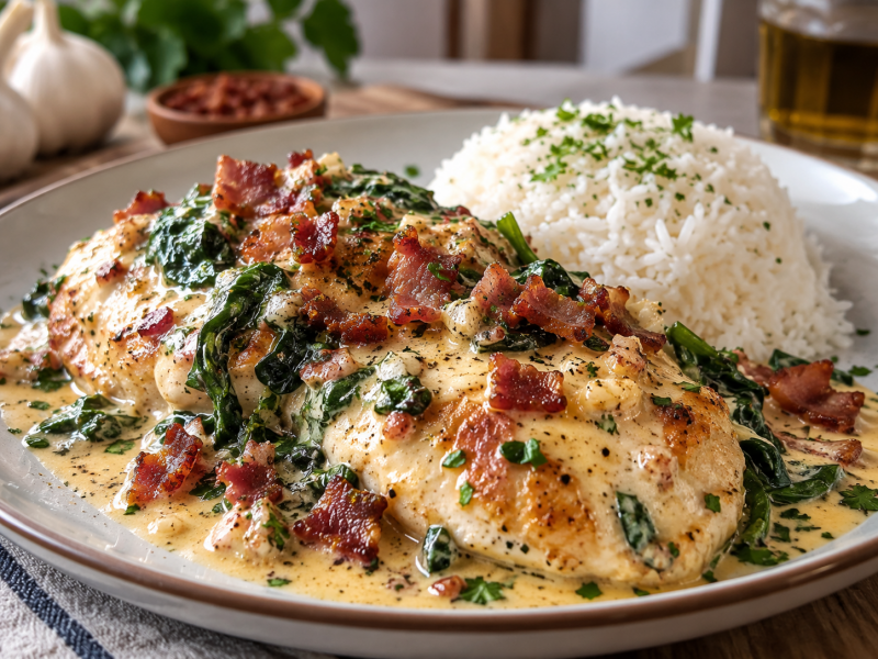 Creamy Garlic Butter Chicken with Spinach and Bacon