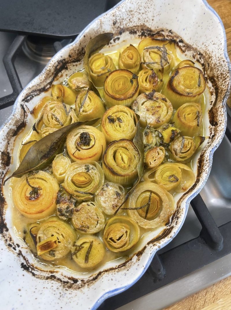 Roasted Leeks with Anchovy, White Wine, Tarragon & Cream