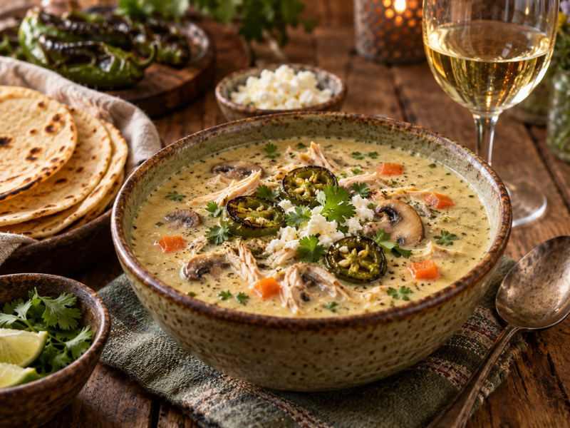 Roasted Jalapeño Soup with Chicken & Mushrooms